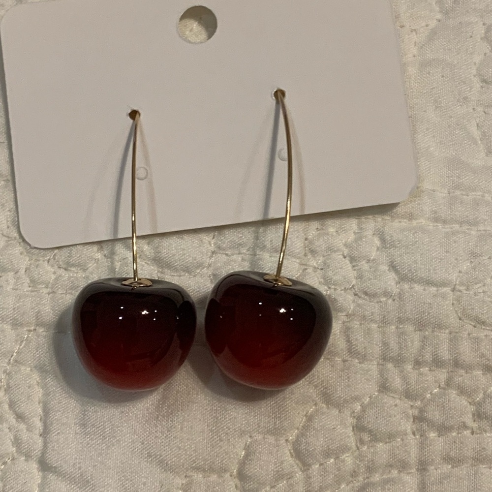 Cherry Red Gold Wire Pierced Drop Earrings NWOT